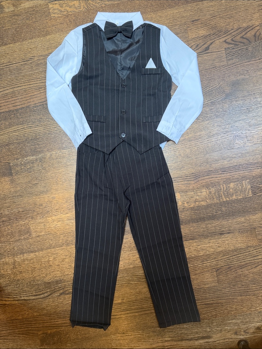 Boys Black Pinstripe Vest & Pants Suit Set with Bow Tie